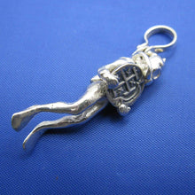 Load image into Gallery viewer, Small Sterling Silver Diver Pendant Holding Small Atocha Sunken Treasure Reproduction Coin