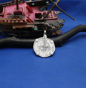 Sterling Silver Pirate Doubloon "2 Reale" Replica Atocha Shipwreck Coin Pendant with Shackle Bail