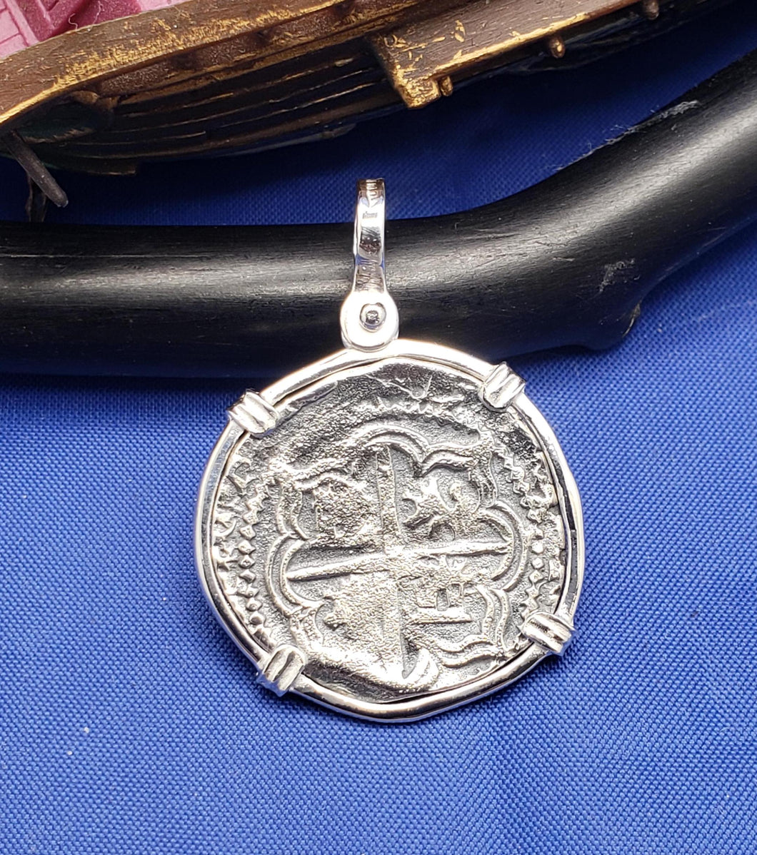 Sterling Silver Bezel With Pirate Coin Doubloon Replica Atocha Shipwreck Pendant with Shackle Bail