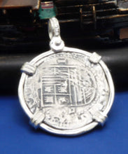 Load image into Gallery viewer, Sterling Silver Pirate Doubloon &quot;2 Reale&quot; Replica Atocha Shipwreck Coin Pendant with Shackle Bail
