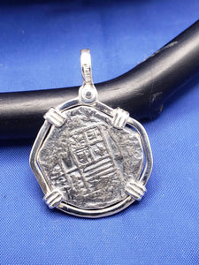 Sterling Silver Hand Bezeled "2 Reale" Atocha Shipwreck Pirate Coin Reproduction Coin Pendant