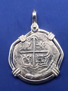 Sterling Silver Hand Bezeled "2 Reale" Atocha Shipwreck Pirate Coin Reproduction Coin Pendant