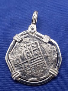 Sterling Silver Hand Bezeled "2 Reale" Atocha Shipwreck Pirate Coin Reproduction Coin Pendant