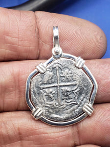 Sterling Silver Hand Bezeled "2 Reale" Atocha Shipwreck Pirate Coin Reproduction Coin Pendant