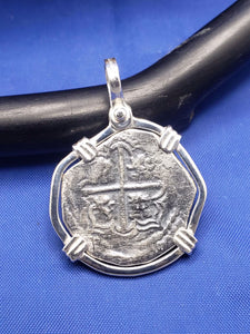 Sterling Silver Hand Bezeled "2 Reale" Atocha Shipwreck Pirate Coin Reproduction Coin Pendant