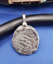 Load image into Gallery viewer, Sterling Silver Shark Jaw Bezel with Silver Atocha Shipwreck Pirate Coin Replica Pendant with Movable Shackle Bail Nautical Pendant
