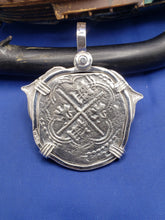 Load image into Gallery viewer, Large Sterling Silver Dolphins Bezel With Reproduction Coin of Spanish King Shield Recovered &#39;4 Reale&#39; Shipwreck Cob Artifact  Pendant
