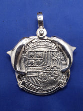 Load image into Gallery viewer, Large Sterling Silver Dolphins Bezel With Reproduction Coin of Spanish King Shield Recovered &#39;4 Reale&#39; Shipwreck Cob Artifact  Pendant
