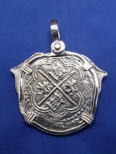 Load image into Gallery viewer, Large Sterling Silver Dolphins Bezel With Reproduction Coin of Spanish King Shield Recovered &#39;4 Reale&#39; Shipwreck Cob Artifact  Pendant
