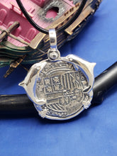 Load image into Gallery viewer, Large Sterling Silver Dolphins Bezel With Reproduction Coin of Spanish King Shield Recovered &#39;4 Reale&#39; Shipwreck Cob Artifact  Pendant
