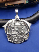 Load image into Gallery viewer, Large Sterling Silver Dolphins Bezel With Reproduction Coin of Spanish King Shield Recovered &#39;4 Reale&#39; Shipwreck Cob Artifact  Pendant
