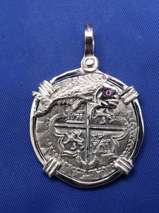 Sterling Silver Mahi Mahi Dolphin Bezel With Pirate Coin Doubloon "1 Reale" Replica Atocha Shipwreck Pendant with Shackle Bail