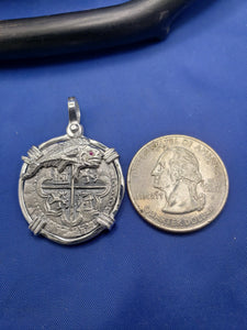 Sterling Silver Mahi Mahi Dolphin Bezel With Pirate Coin Doubloon "1 Reale" Replica Atocha Shipwreck Pendant with Shackle Bail