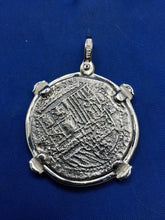 Load image into Gallery viewer, Sterling Silver Atocha Coin Pendant: Sapphire Bezel, Pirate Shipwreck Replica
