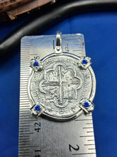 Load image into Gallery viewer, Sterling Silver Atocha Coin Pendant: Sapphire Bezel, Pirate Shipwreck Replica

