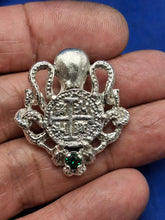 Load image into Gallery viewer, Sterling Silver Octopus Holding  Replica Atocha Pirate Coin With Simulated Emerald Pendant
