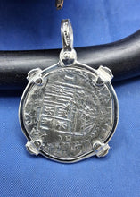 Load image into Gallery viewer, Sterling Silver 2 Reale Replica Atocha Shipwreck Pirate Coin Pendant with Emeralds on Bezel
