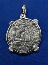 Load image into Gallery viewer, Sterling Silver 2 Reale Replica Atocha Shipwreck Pirate Coin Pendant with Emeralds on Bezel
