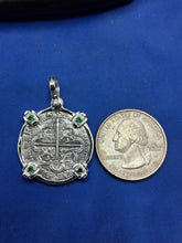 Load image into Gallery viewer, Sterling Silver 2 Reale Replica Atocha Shipwreck Pirate Coin Pendant with Emeralds on Bezel
