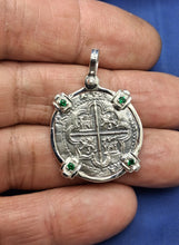 Load image into Gallery viewer, Sterling Silver 2 Reale Replica Atocha Shipwreck Pirate Coin Pendant with Emeralds on Bezel
