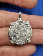 Load image into Gallery viewer, Sterling Silver 2 Reale Replica Atocha Shipwreck Pirate Coin Pendant with Emeralds on Bezel
