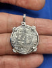 Sterling Silver 2 Reale Replica Atocha Shipwreck Pirate Coin Pendant with Emeralds on Bezel