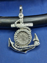 Load image into Gallery viewer, Sterling Silver Anchor With Rope Small Reproduction Atocha Shipwreck Coin Pendant.
