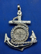 Load image into Gallery viewer, Sterling Silver Anchor With Rope Small Reproduction Atocha Shipwreck Coin Pendant.
