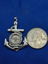 Load image into Gallery viewer, Sterling Silver Anchor With Rope Small Reproduction Atocha Shipwreck Coin Pendant.

