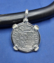 Load image into Gallery viewer, Sterling Silver  Replica 1715 Fleet Shipwreck Pirate Coin Pendant with Emeralds on Bezel
