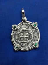 Load image into Gallery viewer, Sterling Silver  Replica 1715 Fleet Shipwreck Pirate Coin Pendant with Emeralds on Bezel
