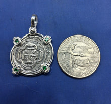 Load image into Gallery viewer, Sterling Silver  Replica 1715 Fleet Shipwreck Pirate Coin Pendant with Emeralds on Bezel
