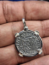 Load image into Gallery viewer, Sterling Silver  Replica 1715 Fleet Shipwreck Pirate Coin Pendant with Emeralds on Bezel
