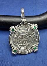 Load image into Gallery viewer, Sterling Silver  Replica 1715 Fleet Shipwreck Pirate Coin Pendant with Emeralds on Bezel
