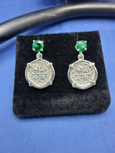 Load image into Gallery viewer, Sterling Silver Small  Atocha Shipwreck Reproduction Coins With Imitation Emerald Screw Backs Earrings.
