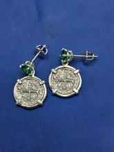 Load image into Gallery viewer, Sterling Silver Small  Atocha Shipwreck Reproduction Coins With Imitation Emerald Screw Backs Earrings.
