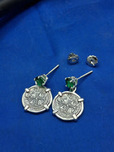 Load image into Gallery viewer, Sterling Silver Small  Atocha Shipwreck Reproduction Coins With Imitation Emerald Screw Backs Earrings.
