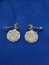 Load image into Gallery viewer, Sterling Silver Small  Atocha Shipwreck Reproduction Coins With Imitation Emerald Screw Backs Earrings.
