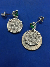 Load image into Gallery viewer, Sterling Silver Small  Atocha Shipwreck Reproduction Coins With Imitation Emerald Screw Backs Earrings.
