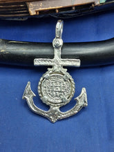 Load image into Gallery viewer, Sterling Silver Anchor With Skull and Bones Small Reproduction Atocha Shipwreck Coin Pendant.
