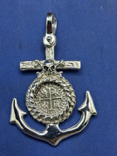 Load image into Gallery viewer, Sterling Silver Anchor With Skull and Bones Small Reproduction Atocha Shipwreck Coin Pendant.
