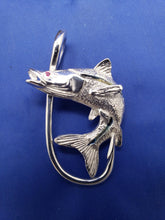 Load image into Gallery viewer, Large Unique Sterling Silver Curved Snook with Ruby Eye and Fish Hook Pendant
