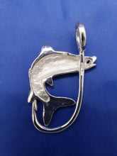 Load image into Gallery viewer, Large Unique Sterling Silver Curved Snook with Ruby Eye and Fish Hook Pendant
