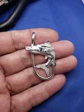 Load image into Gallery viewer, Large Unique Sterling Silver Curved Snook with Ruby Eye and Fish Hook Pendant
