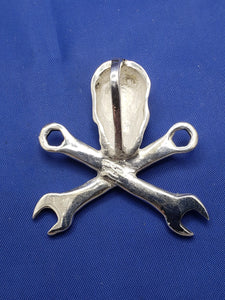 Sterling Silver Large Pirate Skull and Wrench Pendant with Hidden Bail Mechanic's Necklace 1.5" x 1.5" (Comes with Free Leather Cord)