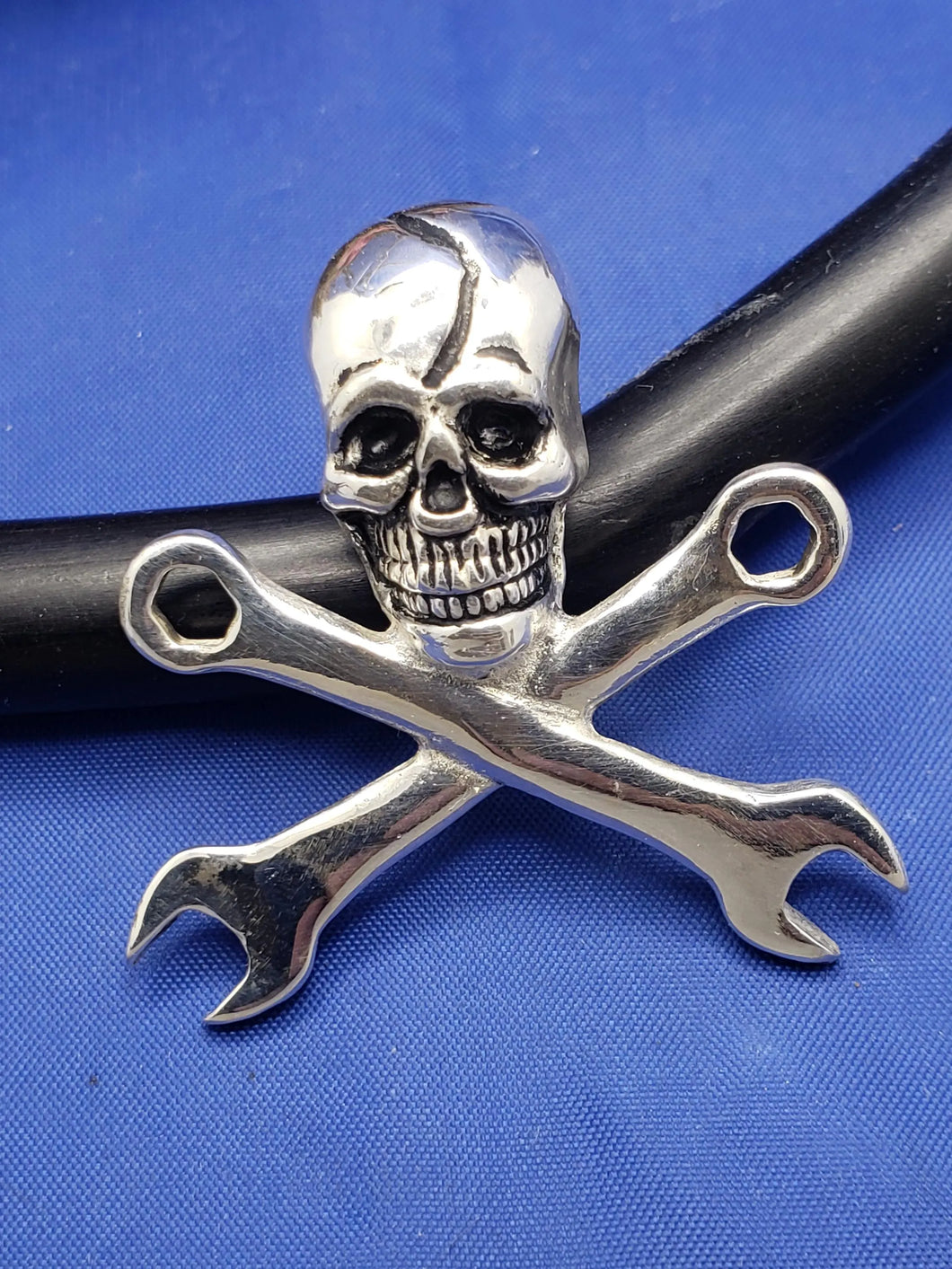 Sterling Silver Large Pirate Skull and Wrench Pendant with Hidden Bail Mechanic's Necklace 1.5