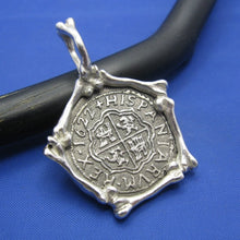 Load image into Gallery viewer, &#39;2 Reale&#39; Pirate Replica Sterling Silver Pendant Skeleton Bones Bezel
