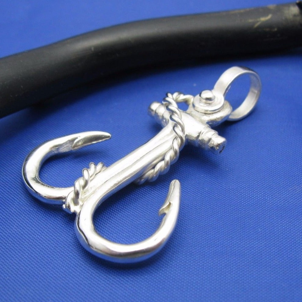 Large Sterling Silver Nautical Double Fish Hook Shaped Anchor Pendant