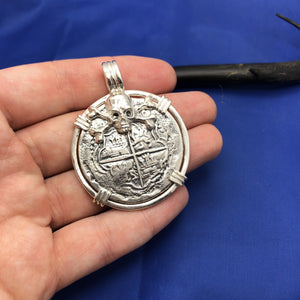 Extra Large Sterling Silver Piece of Eight With Skull Bezel and Barrel Bail
