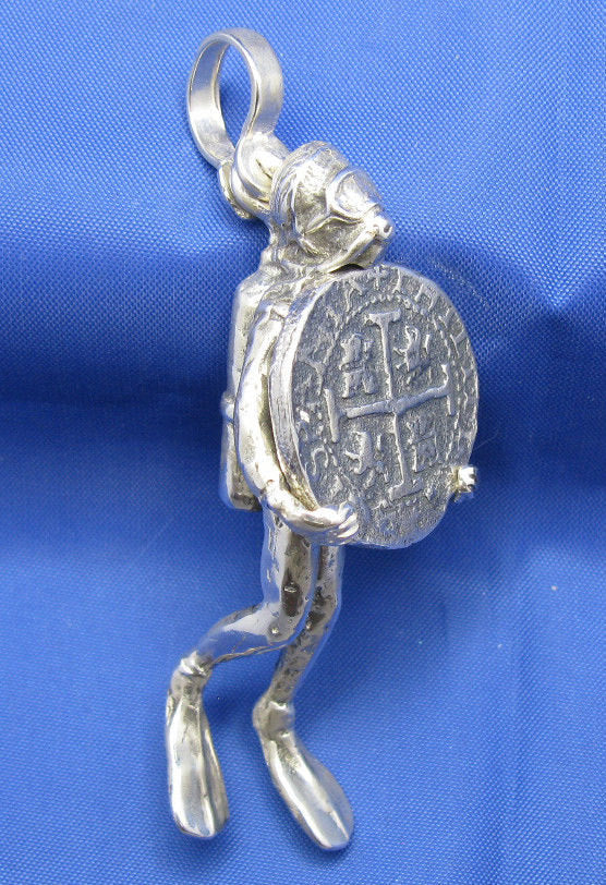 Very Large Unique 3-D Sterling Silver Mens Diver Pendant Holding Shipwreck Coin Attention Grabber 2.5 x 1 inches Nautical Handcrafted Design